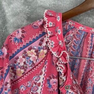 VTG Smart Time Pink Floral Ruffle Neck Snap Front Nightgown Cottagecore BohoM